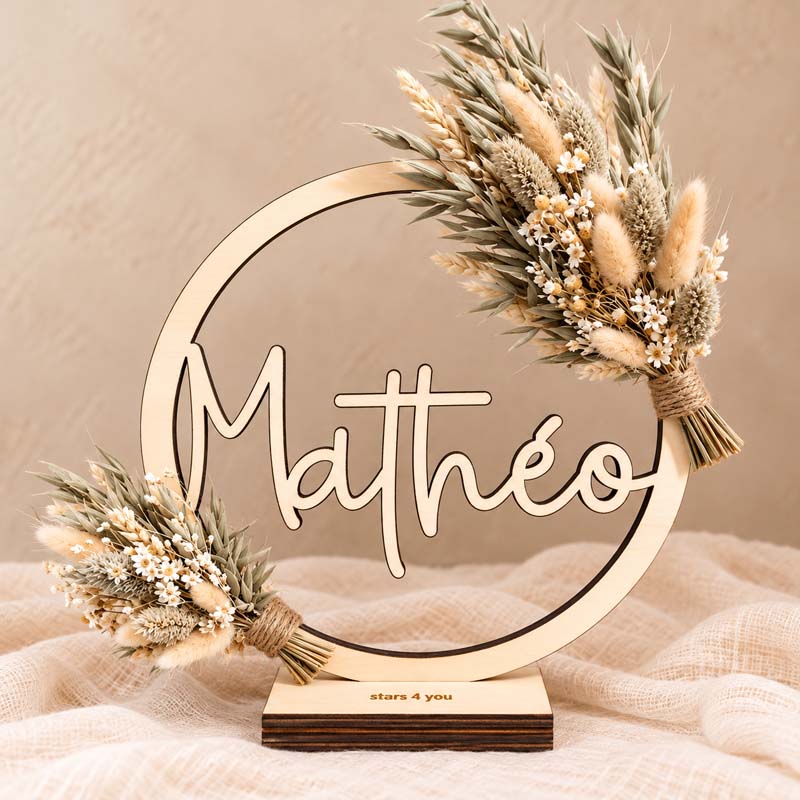 houten naambordje math o met droogbloemen