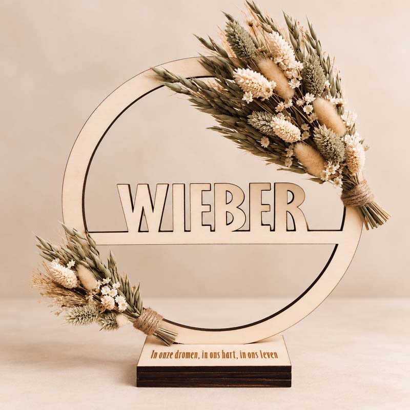 houten naamteken wieber met droogbloemen