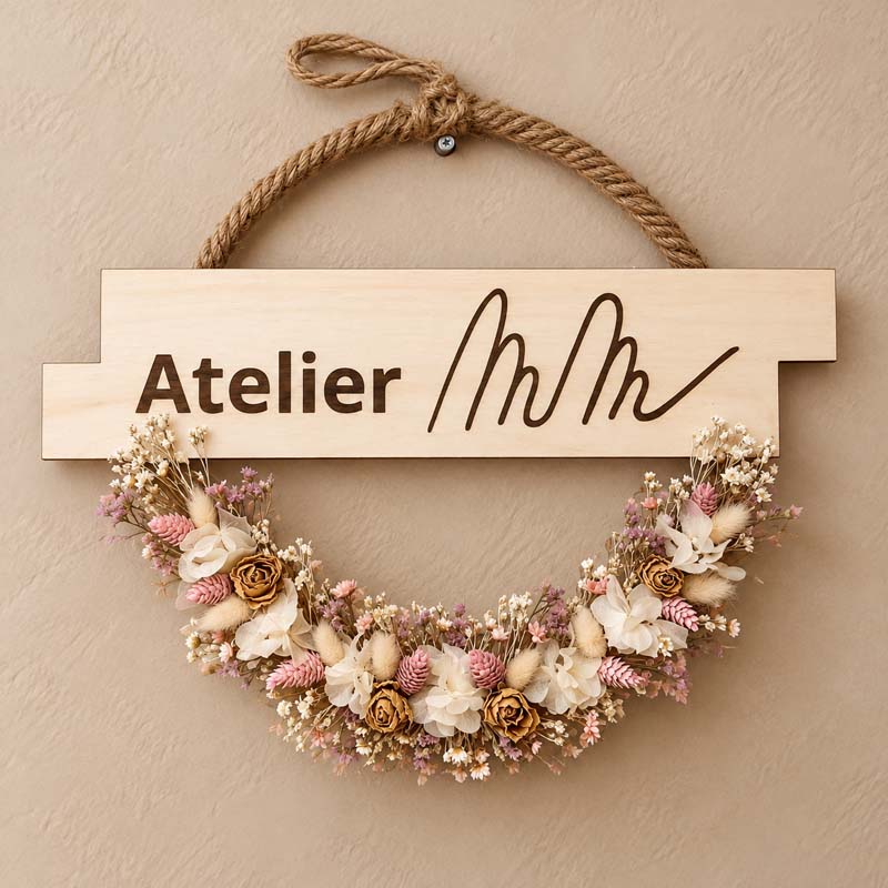 houten atelierbord met droogbloemenkrans